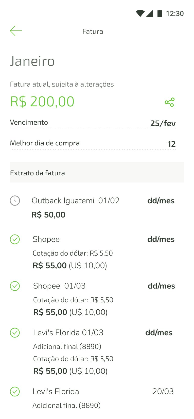 Tela da fatura atual no app, com o mês, o valor, o vencimento e o extrato de transações.