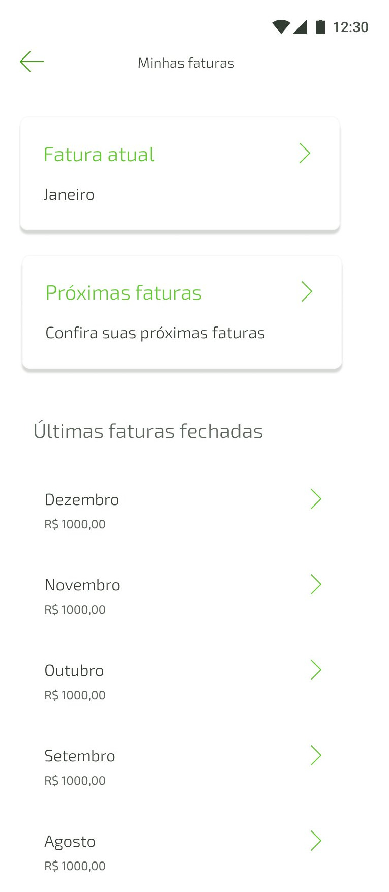 Tela Minhas faturas, com a fatura atual, o acesso às próximas faturas e as últimas faturas fechadas.