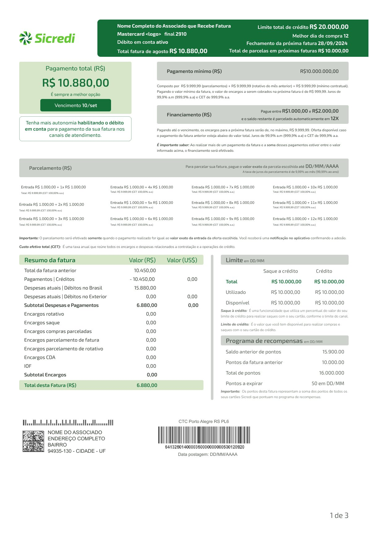 Layout unificado da fatura, com pagamento total, mínimo, parcelamento, resumo e limites.