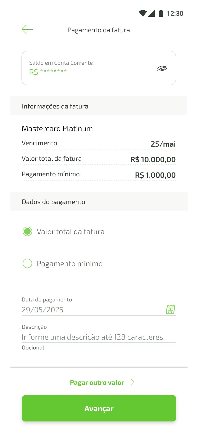 Tela de pagamento da fatura, com as opções de valor total, mínimo e pagar outro valor.